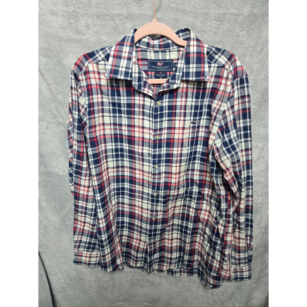 Vineyard Vines Men Medium Whale Shirt Red White Blue Plaid Long Sleeve Button-Up